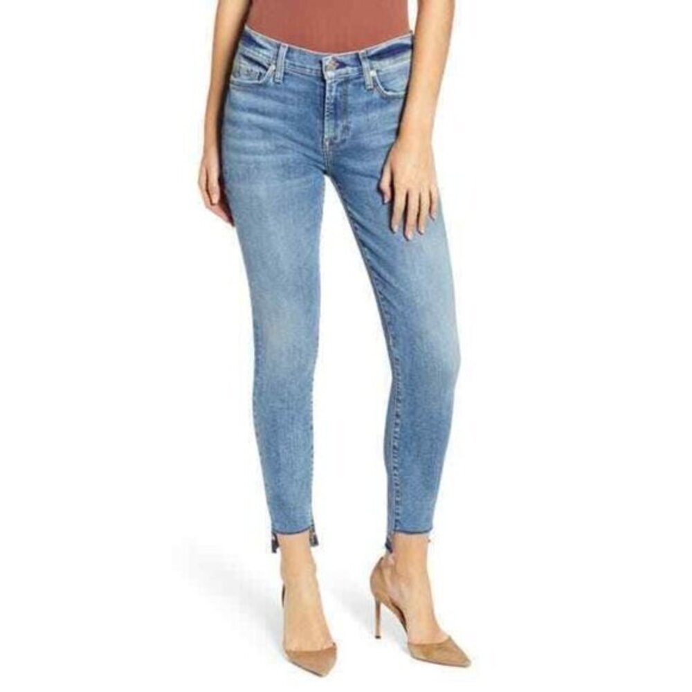7 For All Mankind The Ankle Super Skinny Step Raw Hem Denim Jeans SZ 24 NWT $199